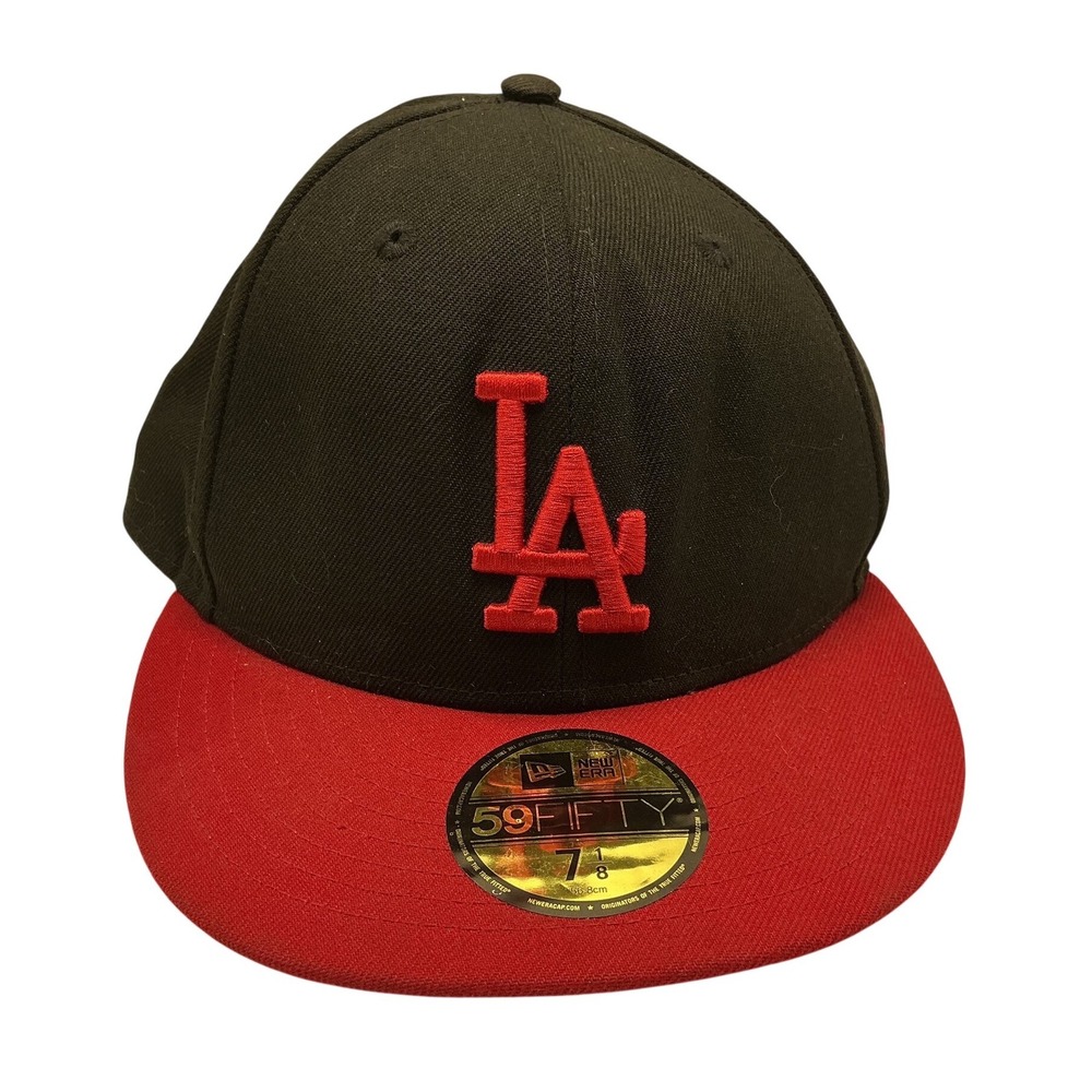 New Era 59FIFTY Los Angeles Dodgers Fitted Hat Black Red Size 7 1/8 LA MLB Cap